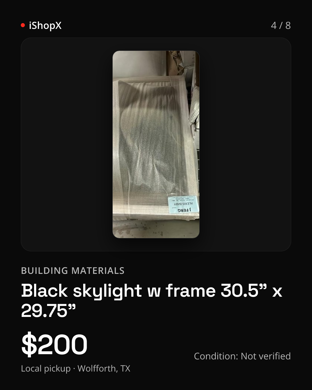 Slide 4 of 8: Black skylight w frame 30.5” x 29.75”