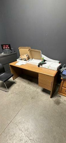 Straight office desk with light wood-look top