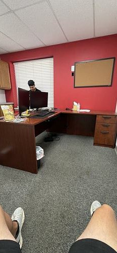 L-shaped wood-look office desk