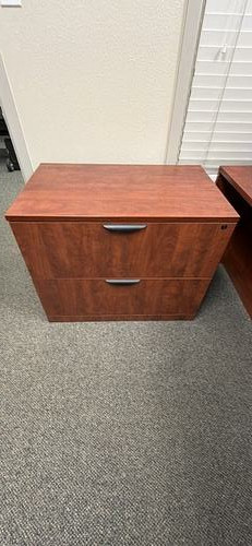 Wide two-drawer wood-look filing cabinet